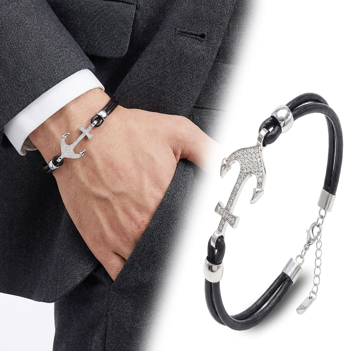 Niki Leather Zirkon Taşlı Çelik Çapa Detaylı Ayarlanabilir Deri Erkek Bileklik 40134B27D1