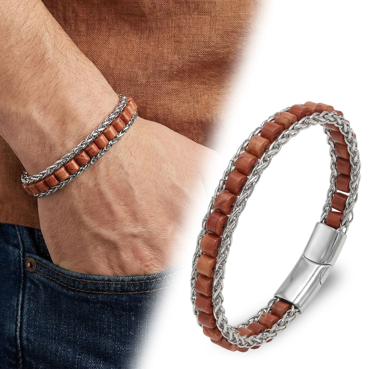 Niki Leather Kırmızı Jasper Doğal Taşlı Hasır Örgü Zincirli Erkek Çelik Bileklik 38932B28D10