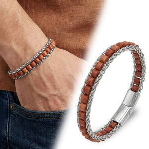 Niki Leather Kırmızı Jasper Doğal Taşlı Hasır Örgü Zincirli Erkek Çelik Bileklik 38932B28D10