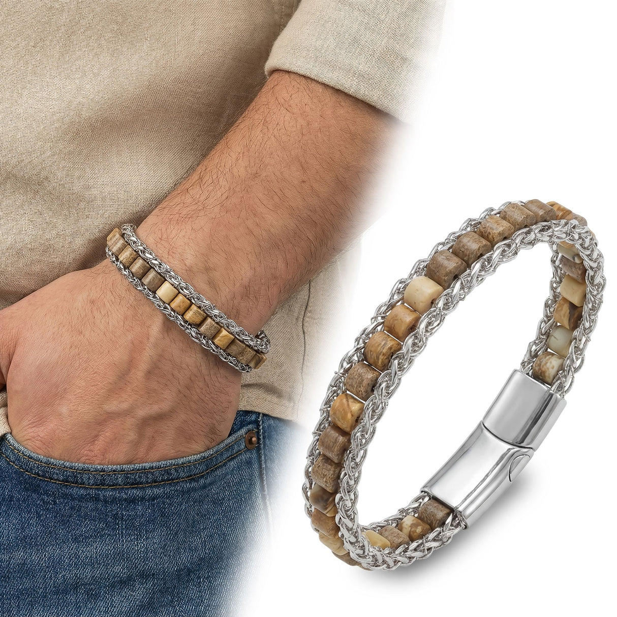 Niki Leather Odun Jasper Doğal Taşlı Hasır Örgü Zincirli Erkek Çelik Bileklik 38932B28D3