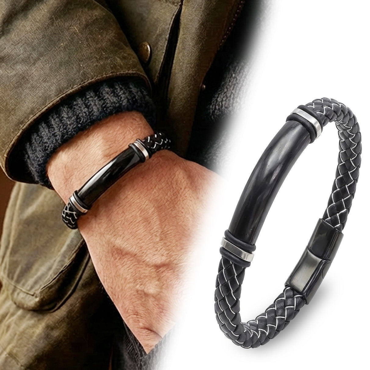 Niki Leather  Siyah Beyaz Deri Ve Siyah Titanyum Kilit Bileklik 40133B15D9