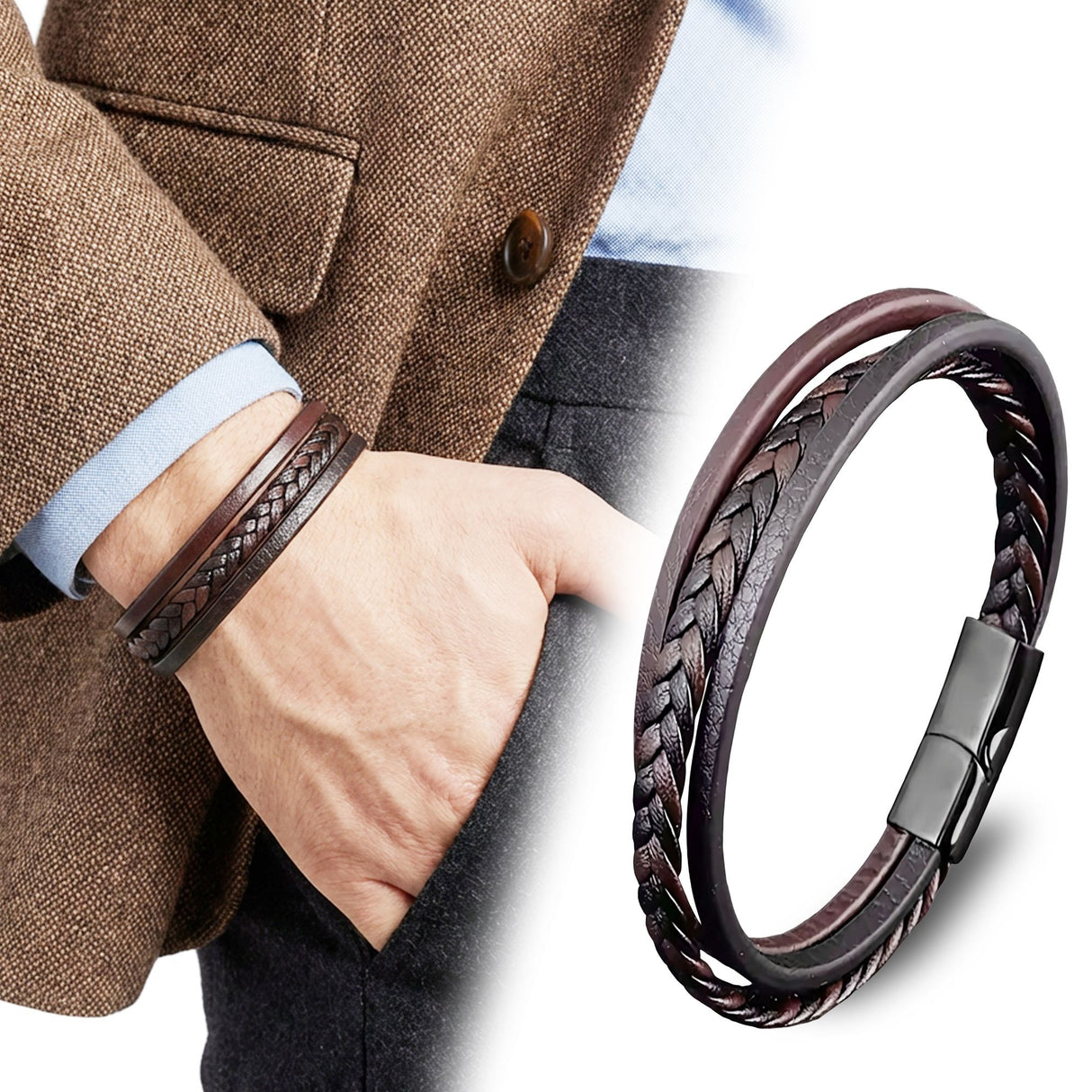 Niki Leather Kahverengi Siyah Deri Erkek Bileklik –Çelik Manyetik Kilitli 38933B14D2