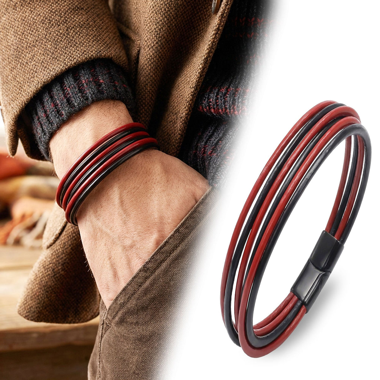 Niki Leather Kırmızı Siyah Çoklu Deri Ve Titianyum Kilitli Çelik Bileklik 38933B13D1