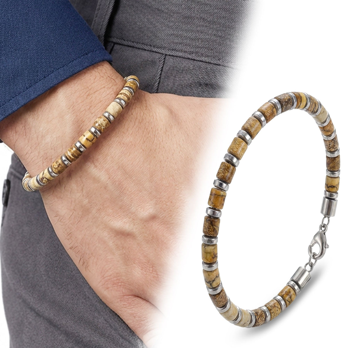 Niki Leather Odun Jasper & Silver Hematit Taşlı Ayarlanabilir Çelik Zincir Erkek Bileklik 38932B10D4M2