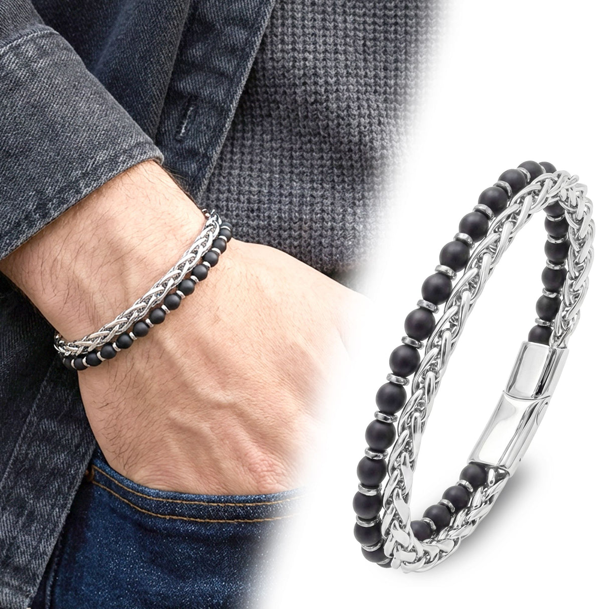 Niki Leather Çelik Zincirli Mat Oniks Ve Silver Hematit Bileklik 40132B21D11