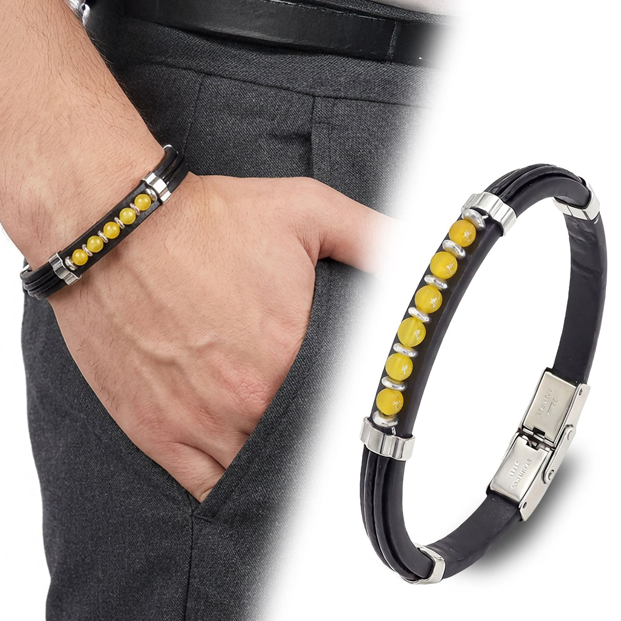 Niki Leather Sarı Akik Taşlı Deri Bileklik 40131G6D6M