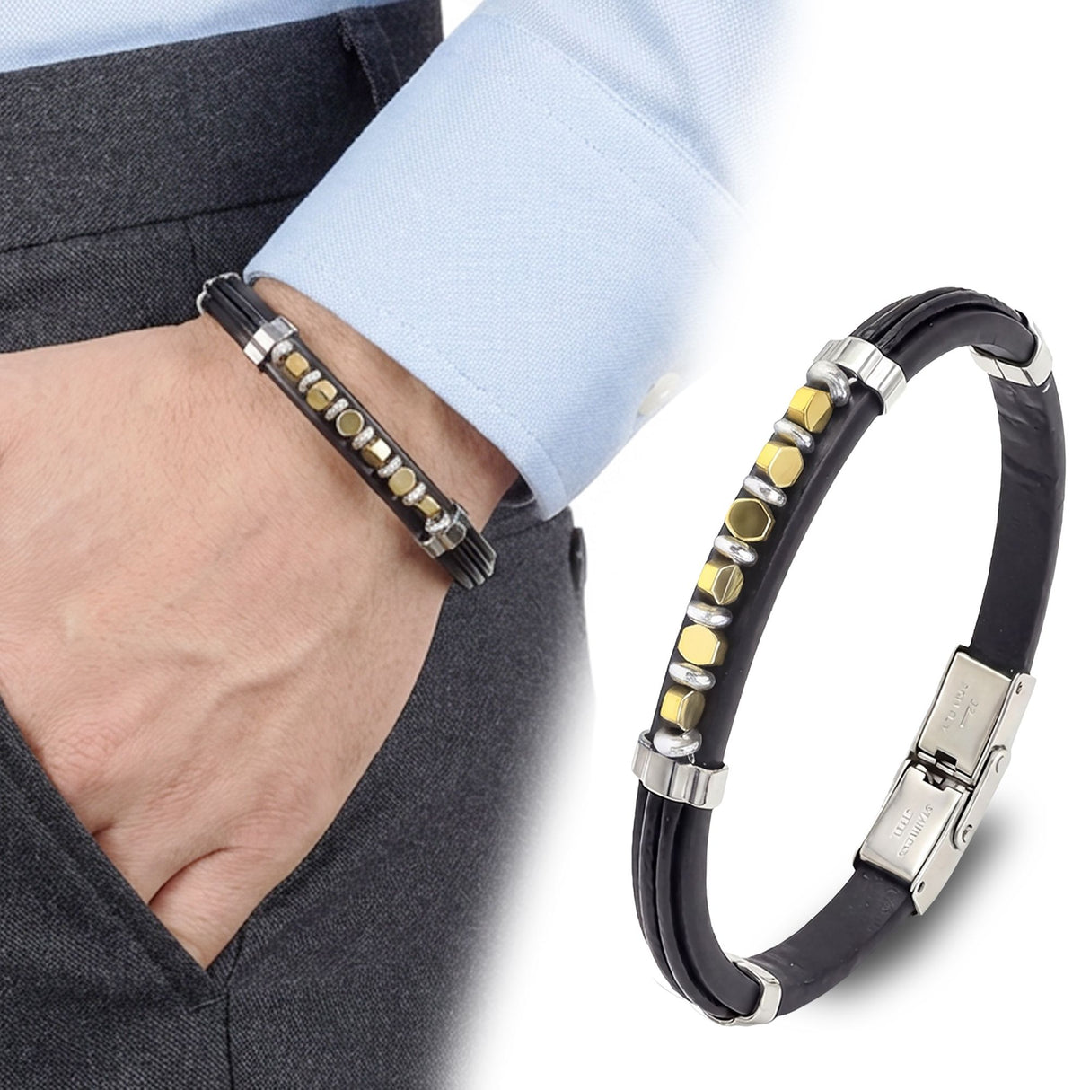 Niki Leather Sarı Renk Hematit Taşlı Deri Bileklik 40131G6D2M