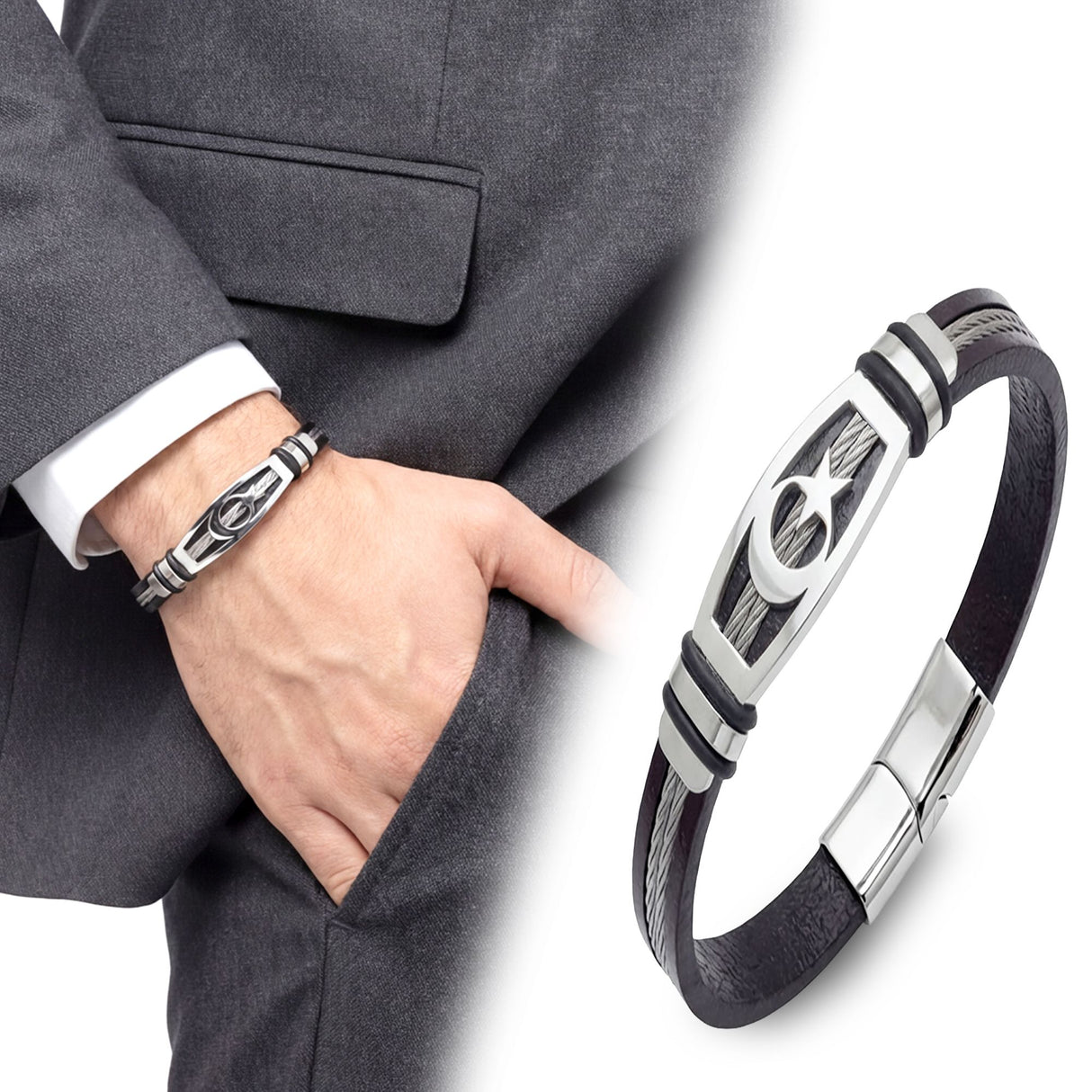 Niki Leather Ay Yıldız Deri Kordonlu Çelik Halatlı Erkek Bileklik 40134B17D9