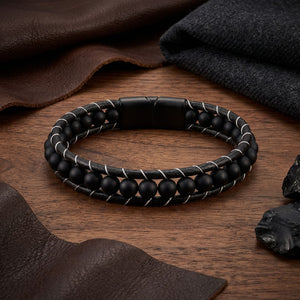 Niki Leather 6Mm Mat Oniks Taşlı Deri Kordon Ve Çelik Bileklik 40132B2D6M1