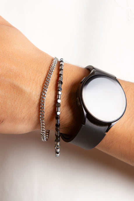 Olio Hematit Detaylı ve İnce Çelik Bileklik 2'li Set