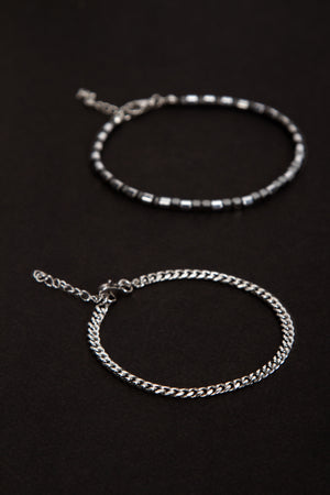 Olio Hematit Detaylı ve İnce Çelik Bileklik 2'li Set