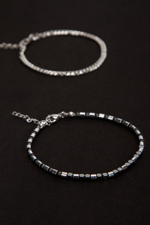 Olio Hematit Detaylı ve İnce Çelik Bileklik 2'li Set