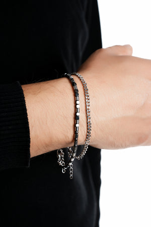 Olio Hematit Detaylı ve İnce Çelik Bileklik 2'li Set