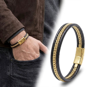 Niki Leather Altın Renk Balıksırtı Çelik Zincir Orijinal Deri Erkek Bileklik 40136B1D1