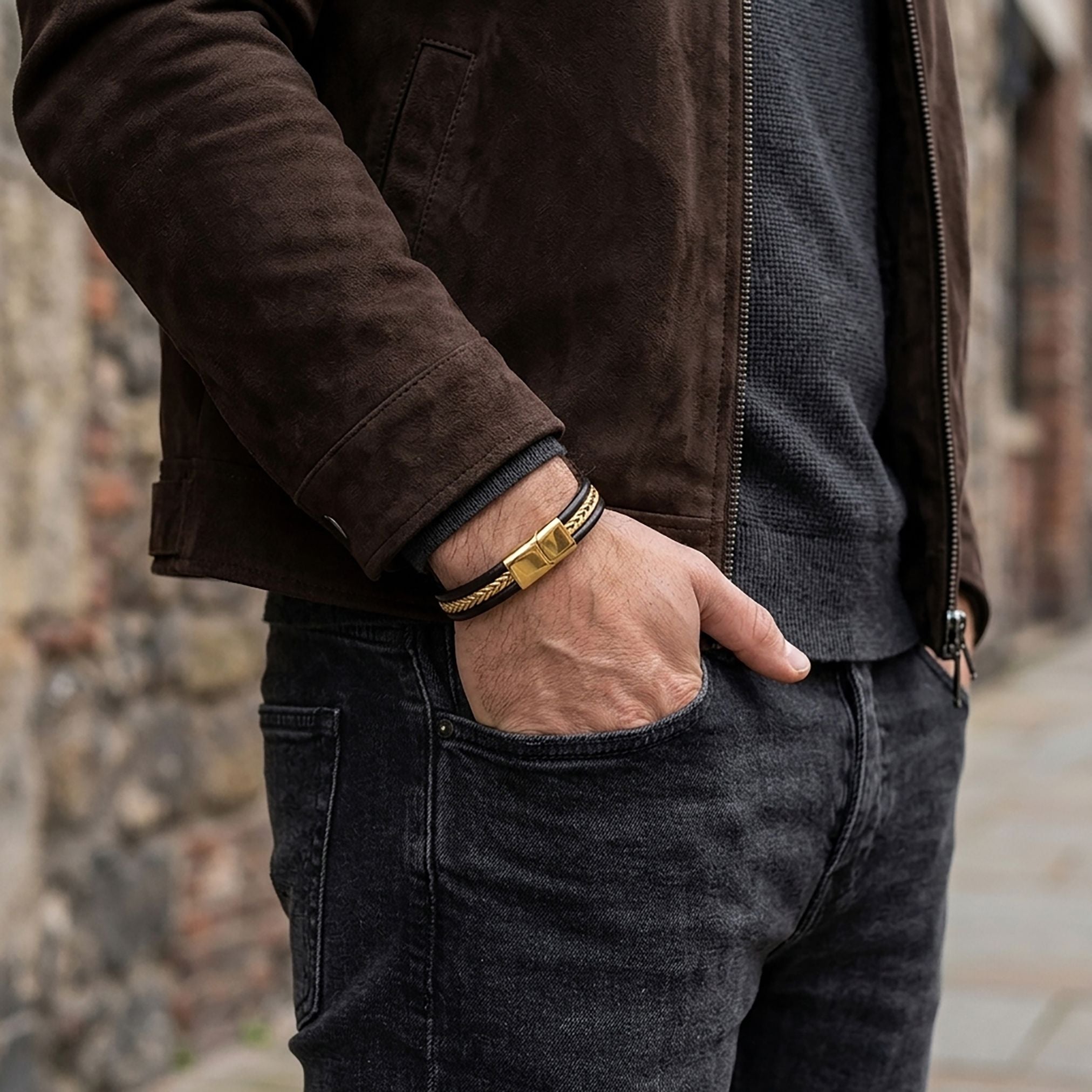 Niki Leather Altın Renk Balıksırtı Çelik Zincir Orijinal Deri Erkek Bileklik 40136B1D1