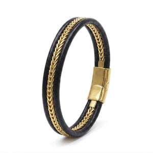 Niki Leather Altın Renk Balıksırtı Çelik Zincir Orijinal Deri Erkek Bileklik 40136B1D1