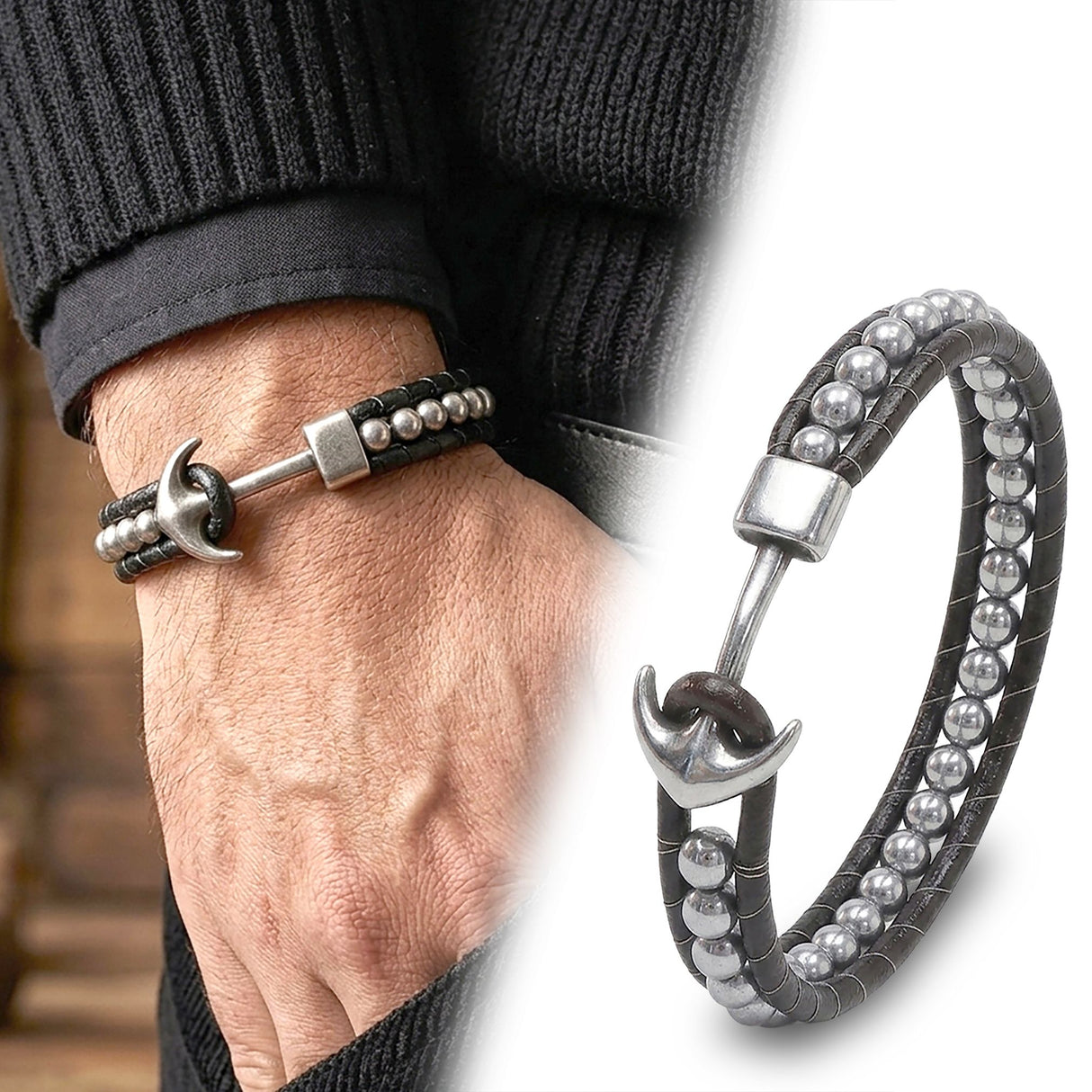 Niki Leather Çelik Çapa Hematit Doğal Taş Orijinal Deri Örgü Erkek Bileklik 40132B27D1