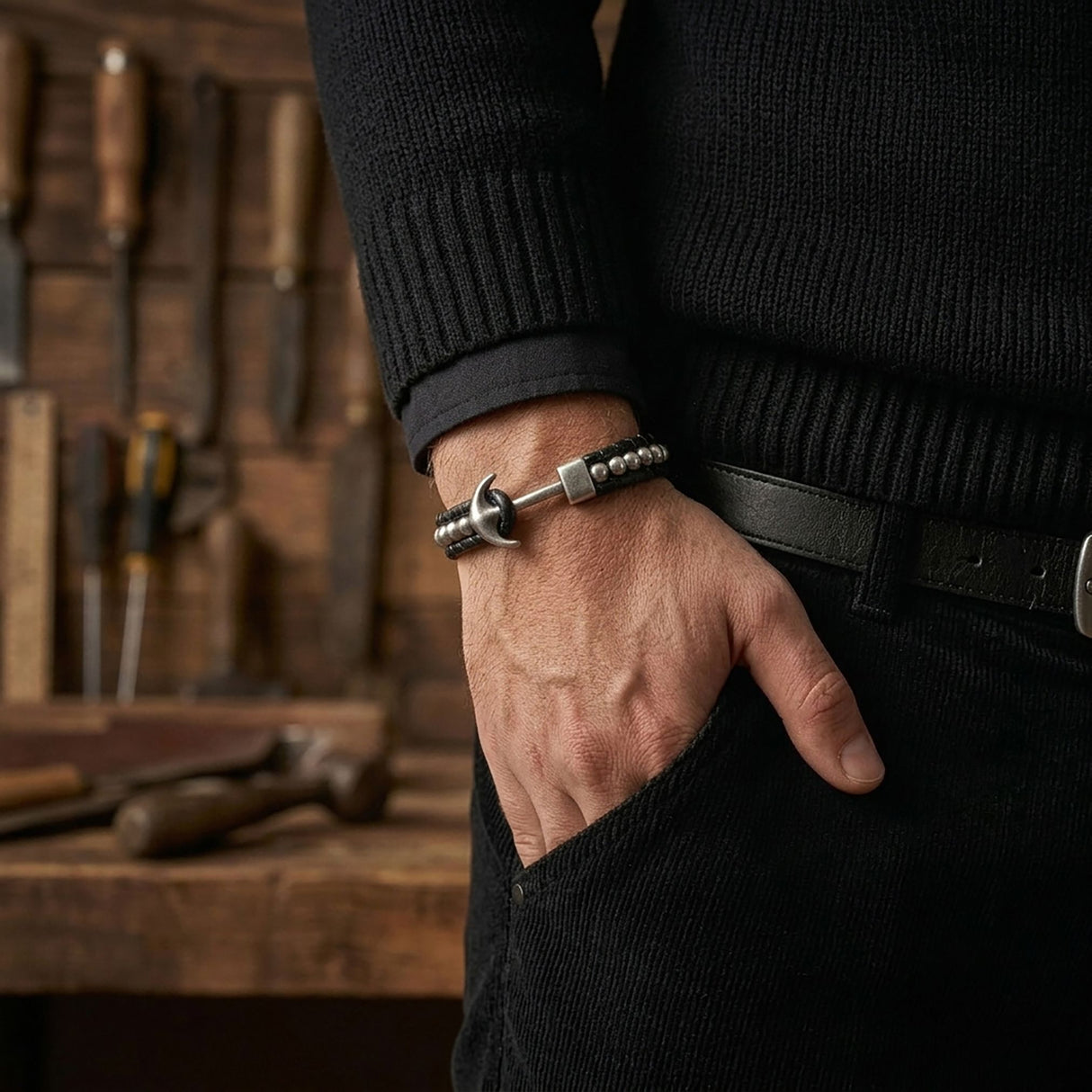 Niki Leather Çelik Çapa Hematit Doğal Taş Orijinal Deri Örgü Erkek Bileklik 40132B27D1