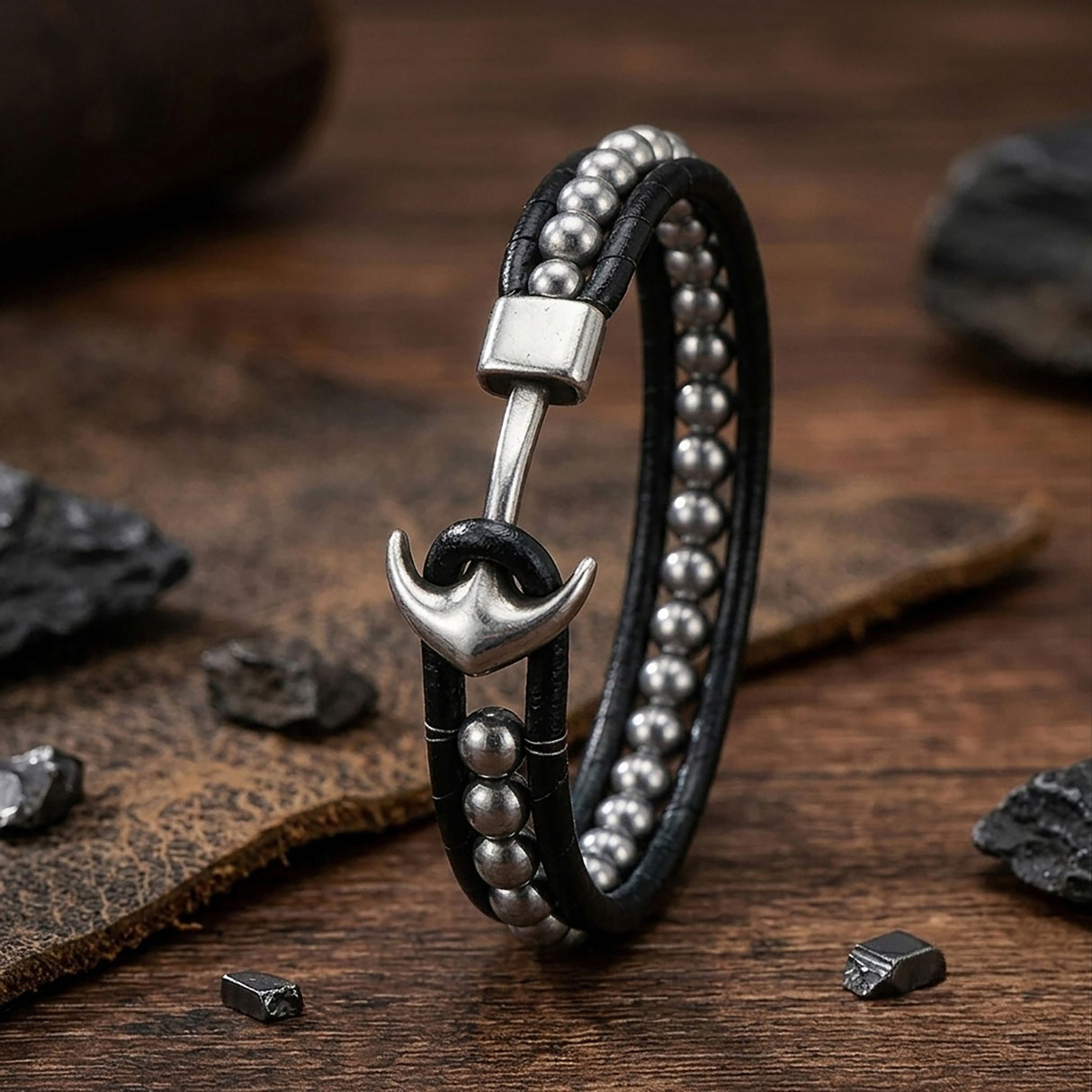 Niki Leather Çelik Çapa Hematit Doğal Taş Orijinal Deri Örgü Erkek Bileklik 40132B27D1