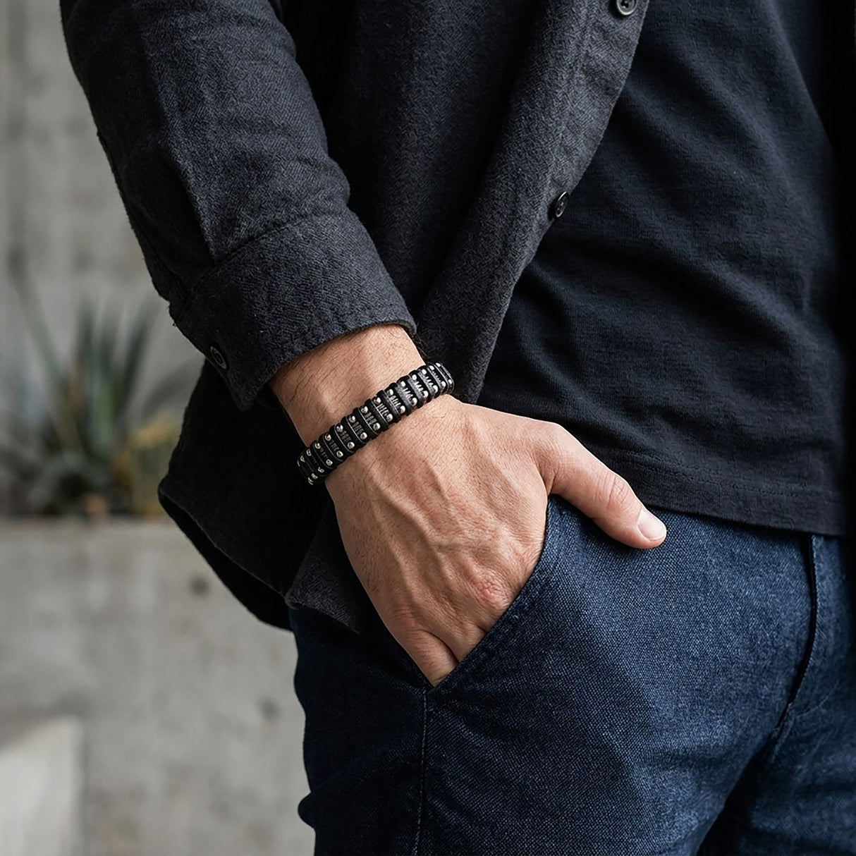 Niki Leather Çelik Halat ve Çelik Damla Zincir Siyah Deri Dolama Bileklik 40134B1D8