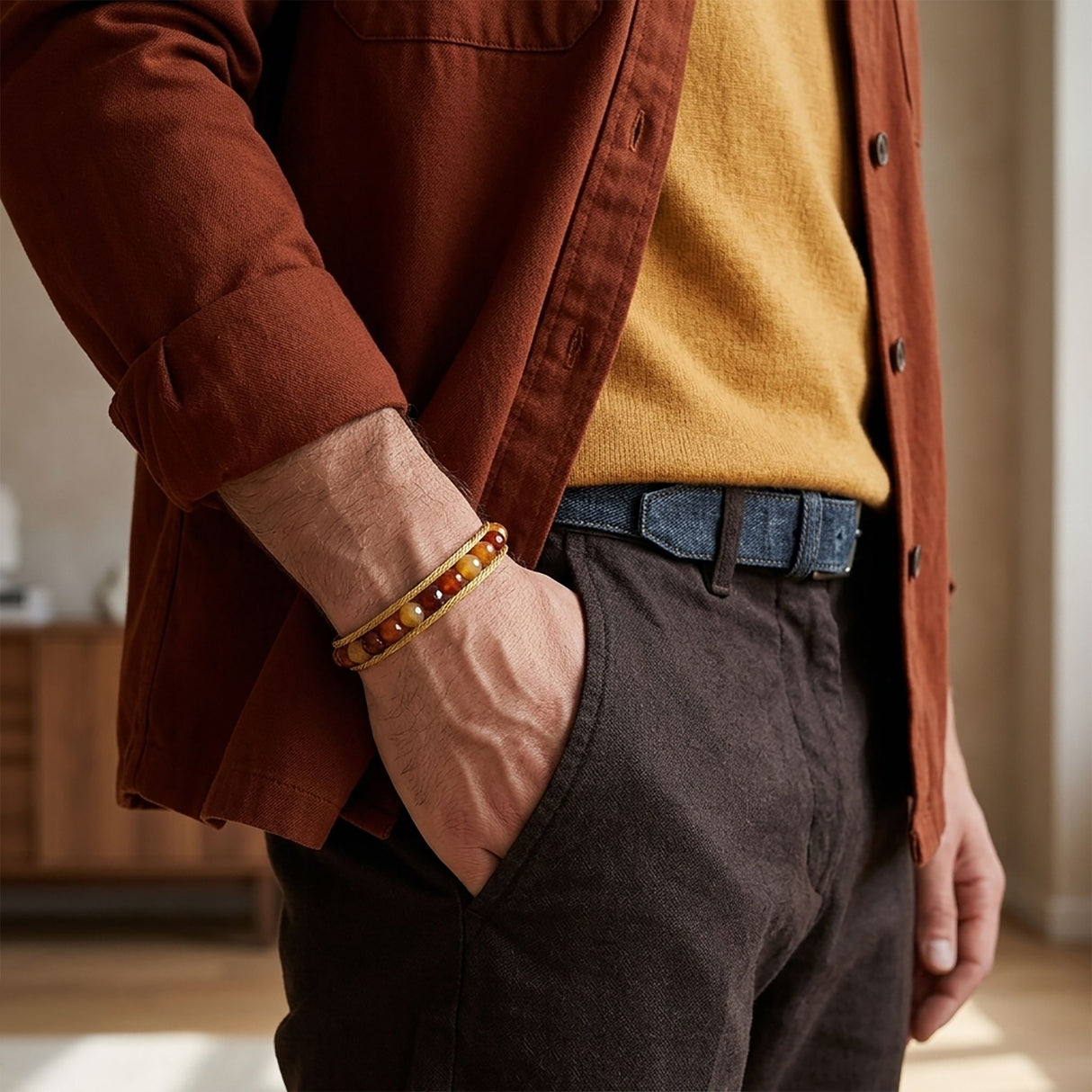 Niki Leather Çelik Halat Ve Titanyum Kilitli Faset Akik Bileklik 40132B2DH9