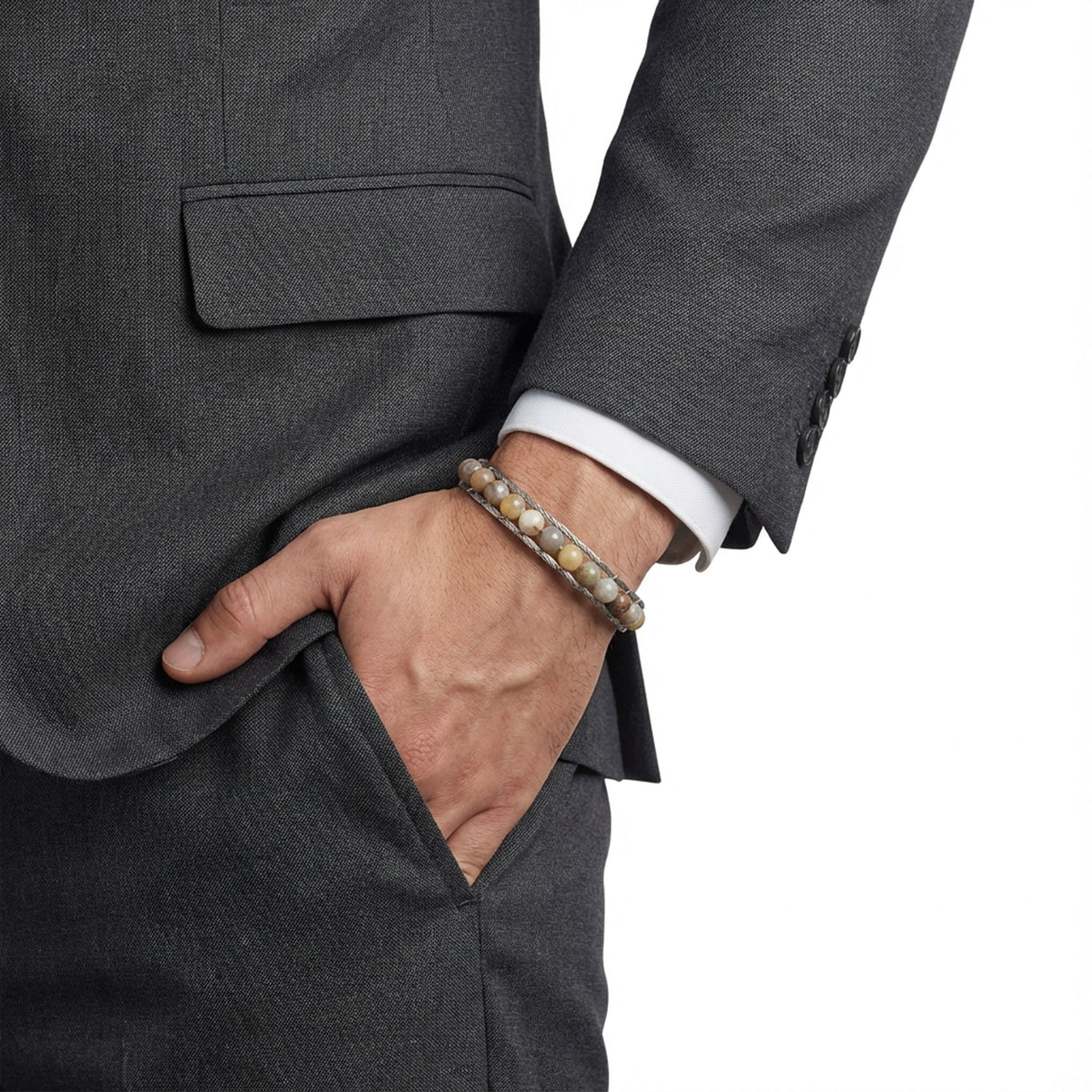 Niki Leather Çelik Halat Ve Yemen Akik Doğaltaş Bileklik 38932B2DH10