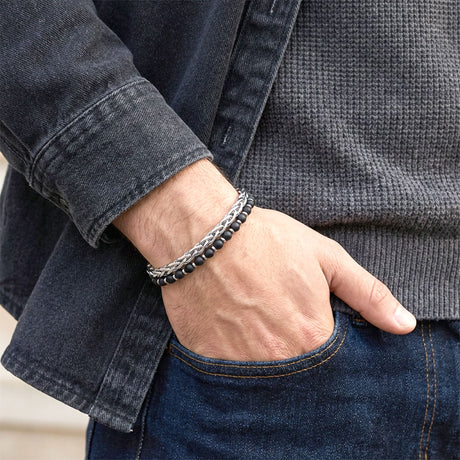 Niki Leather Çelik Zincirli Mat Oniks Ve Silver Hematit Bileklik 40132B21D11