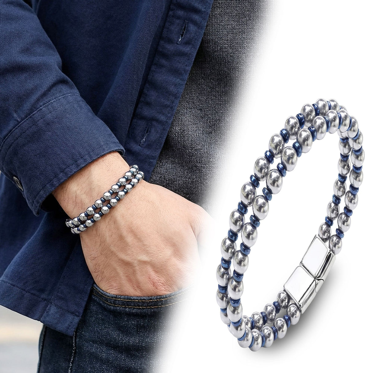 Niki Leather Çift Gümüş Ve Mavi Renk Hematit Çelik Bileklik 38932B20D3