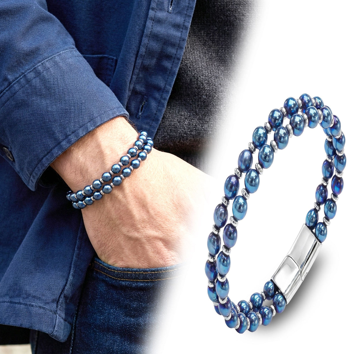 Niki Leather Çift Mavi Ve Gümüş Renk Hematit Çelik Bileklik 38932B20D6