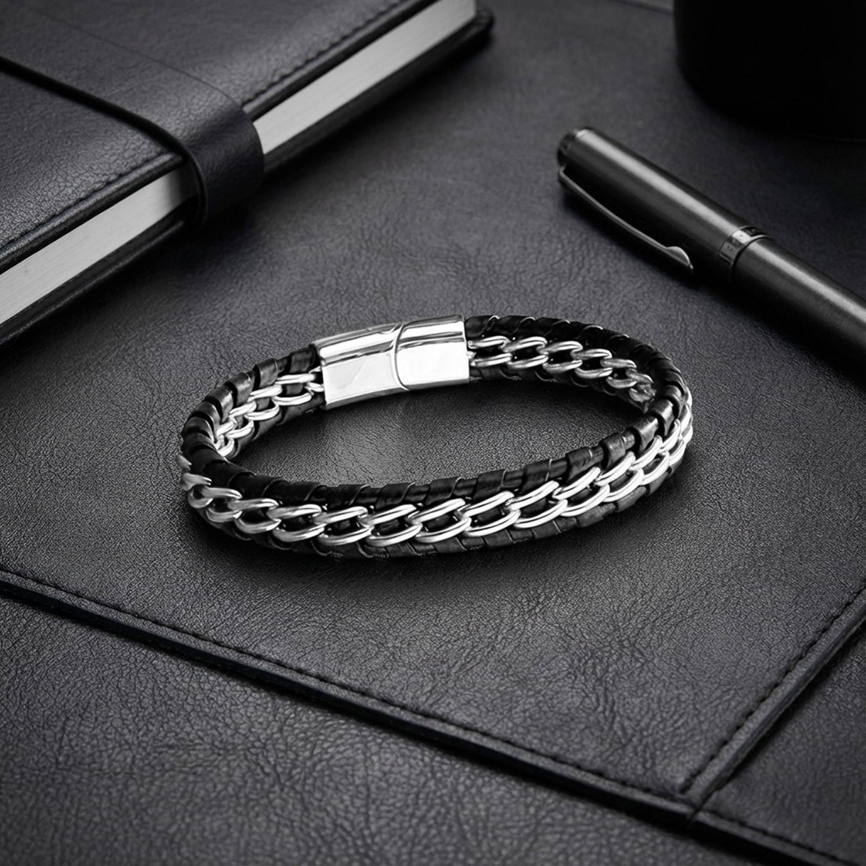 Niki Leather Çift Zincir Çelik Ve Deri Bileklik 38934B2D2