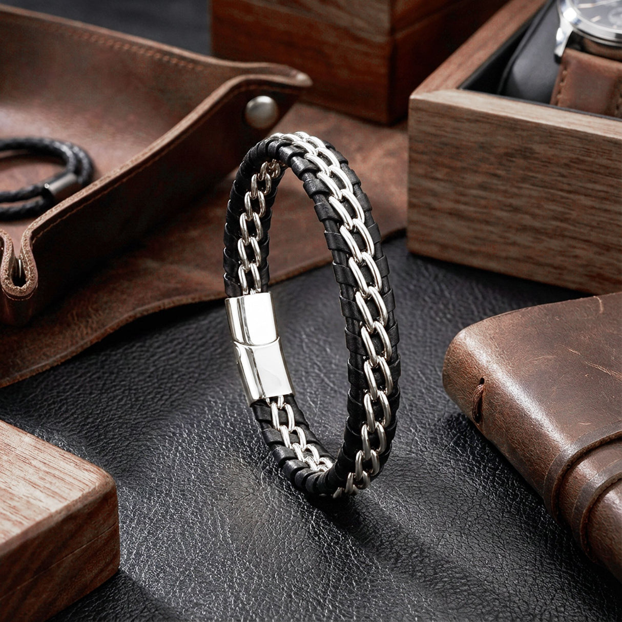 Niki Leather Çift Zincir Çelik Ve Deri Bileklik 38934B2D2