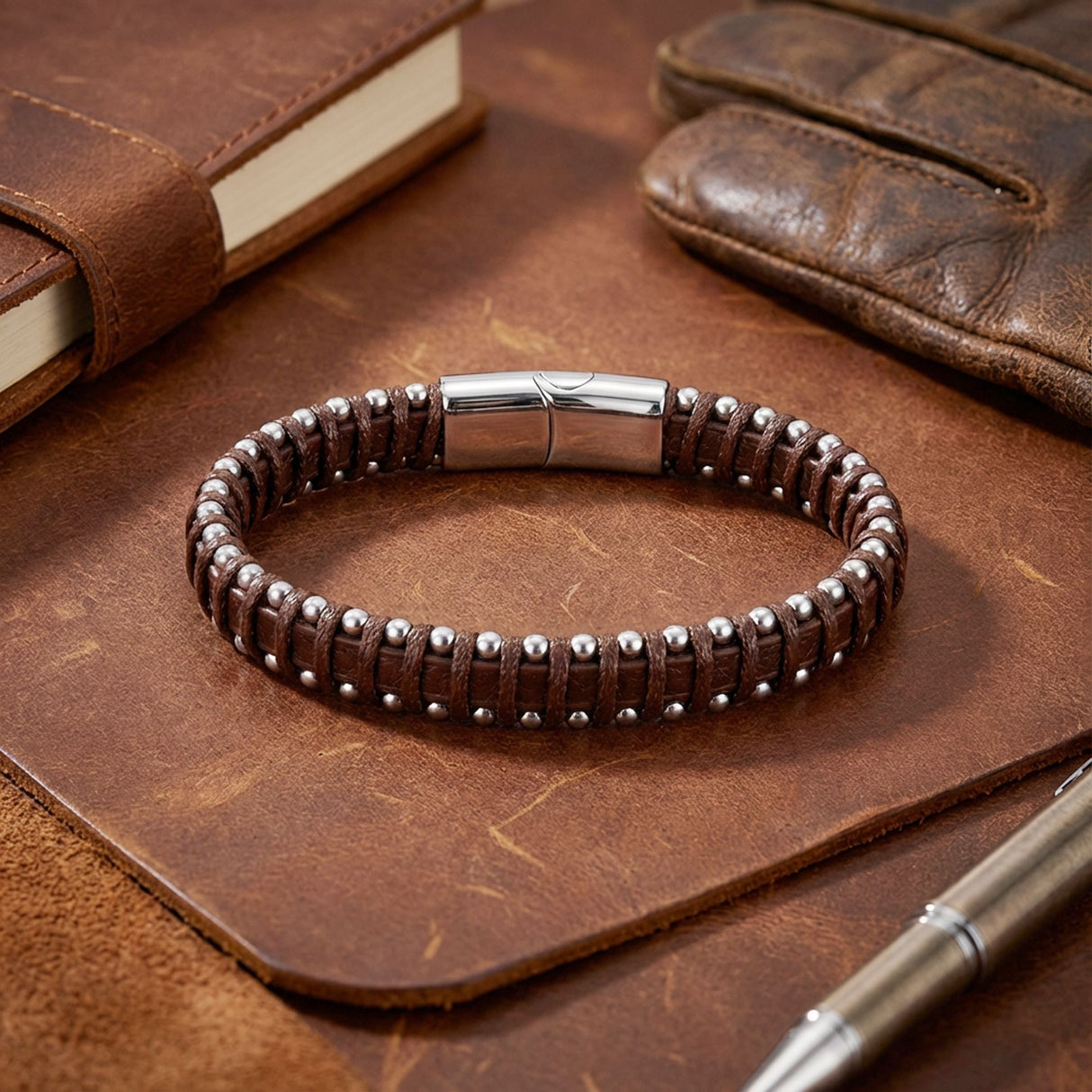 Niki Leather Damla Çelik Zincir Kahve Rengi Deri Dolama Erkek Bileklik 40134B1D6