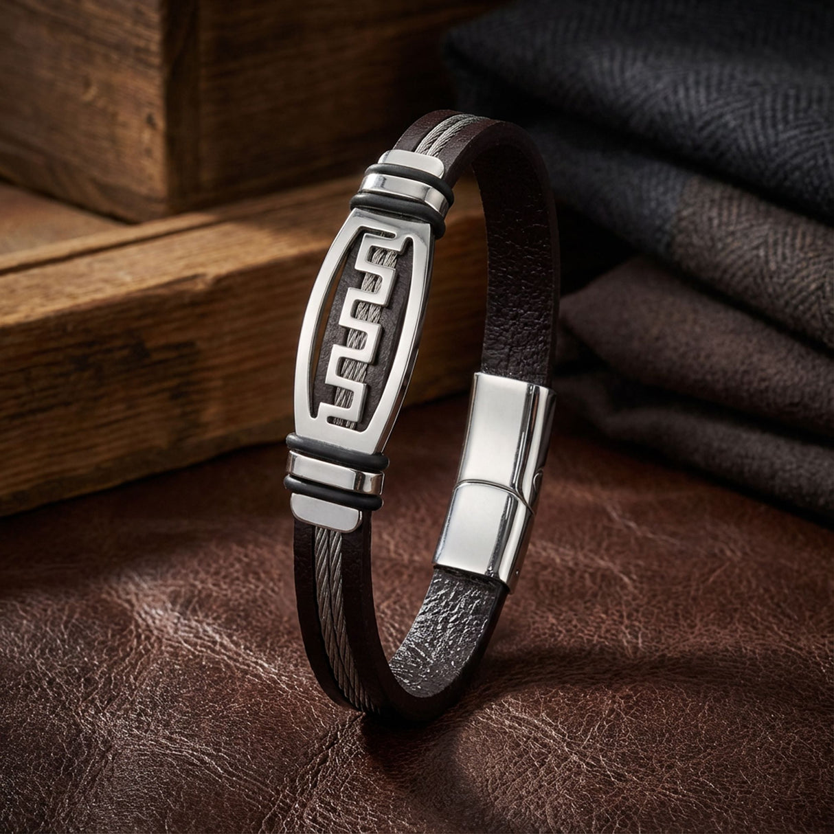 Niki Leather Deri Kordonlu Çelik Halatlı Erkek Bileklik 40134B17D1
