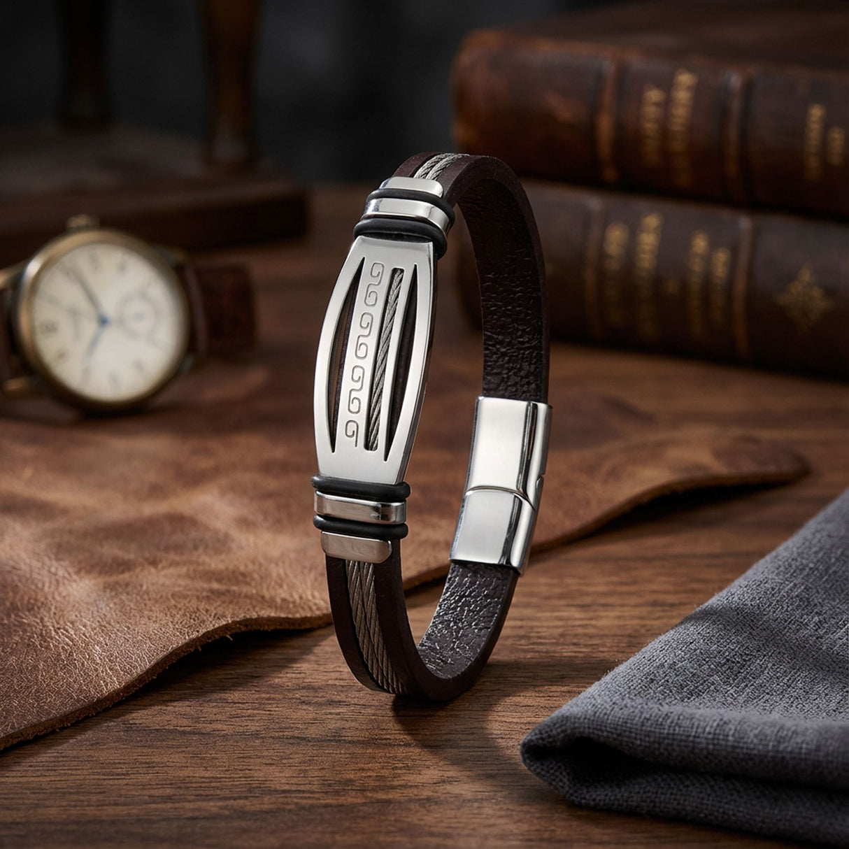 Niki Leather Deri Kordonlu Çelik Halatlı Erkek Bileklik 38934B17D4