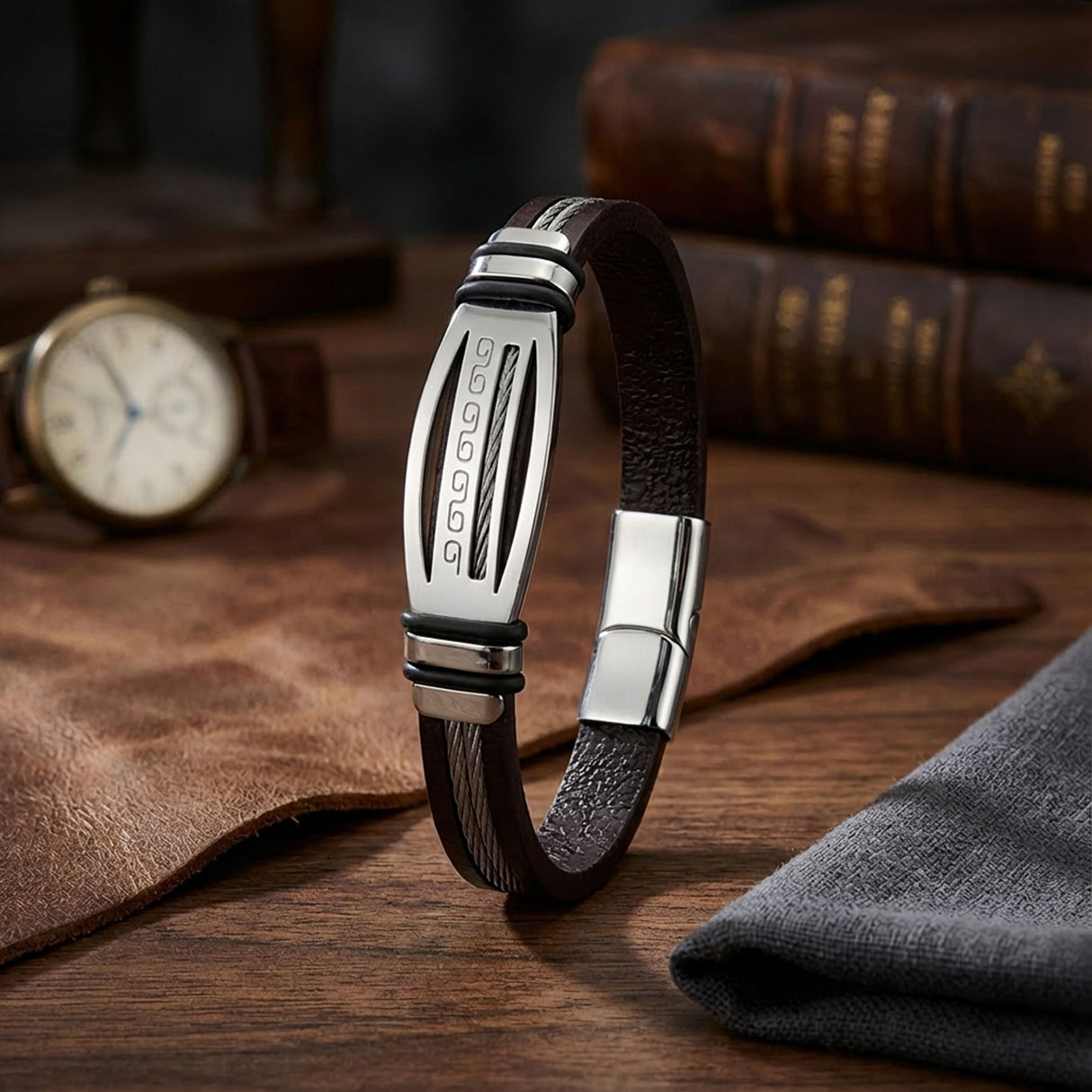 Niki Leather Deri Kordonlu Çelik Halatlı Erkek Bileklik 38934B17D4