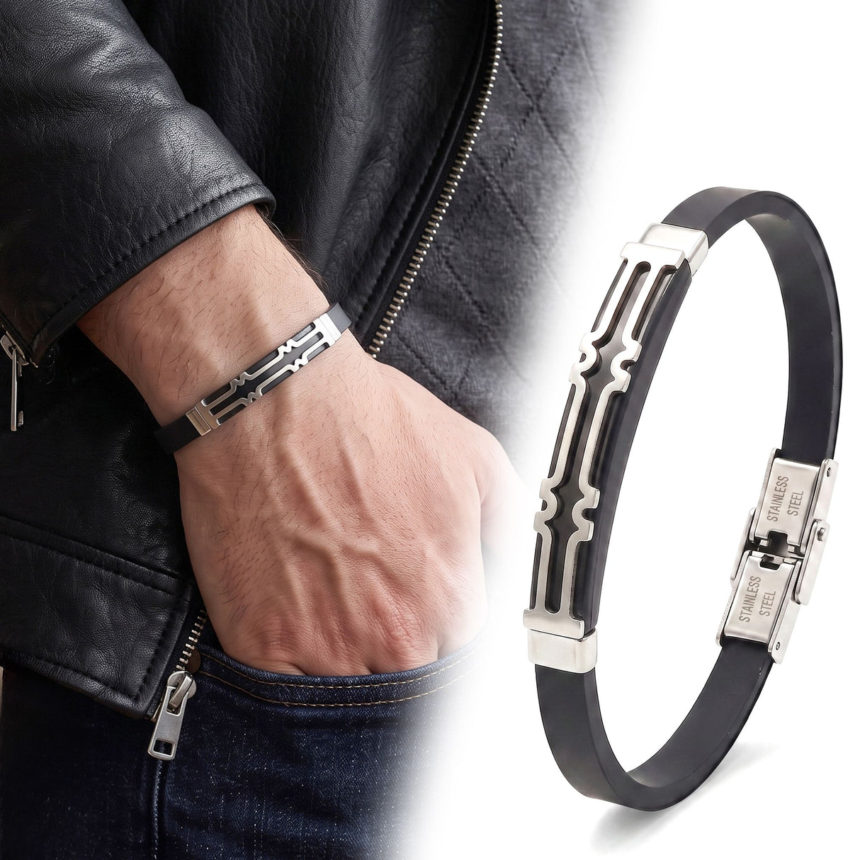 Niki Leather Desenli Çelik Erkek Bileklik 4013SCB008