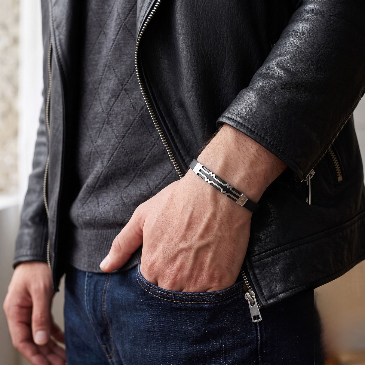 Niki Leather Desenli Çelik Erkek Bileklik 4013SCB008