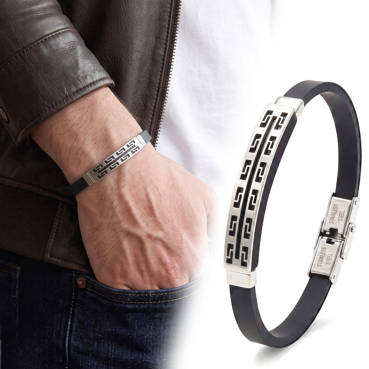 Niki Leather Erkek Desenli Çelik Bileklik 4013SCB025