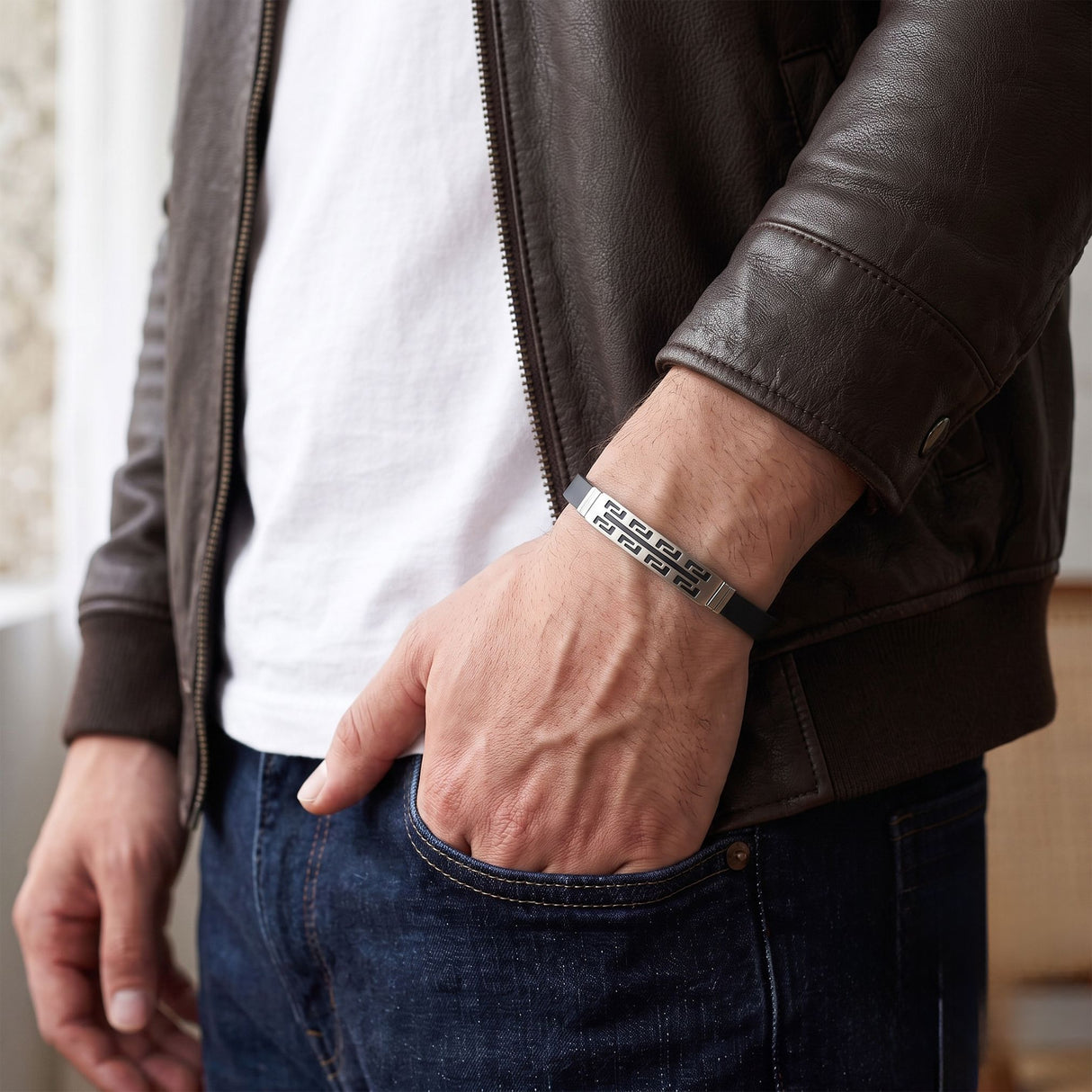 Niki Leather Erkek Desenli Çelik Bileklik 4013SCB025