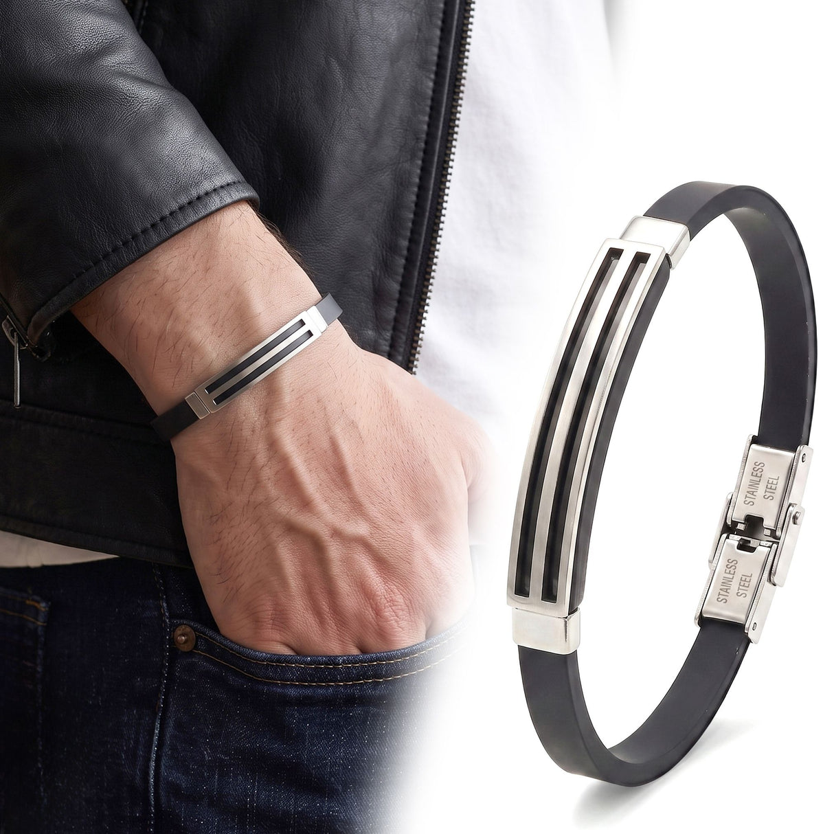 Niki Leather Desenli Çelik Bileklik 4013SCB027