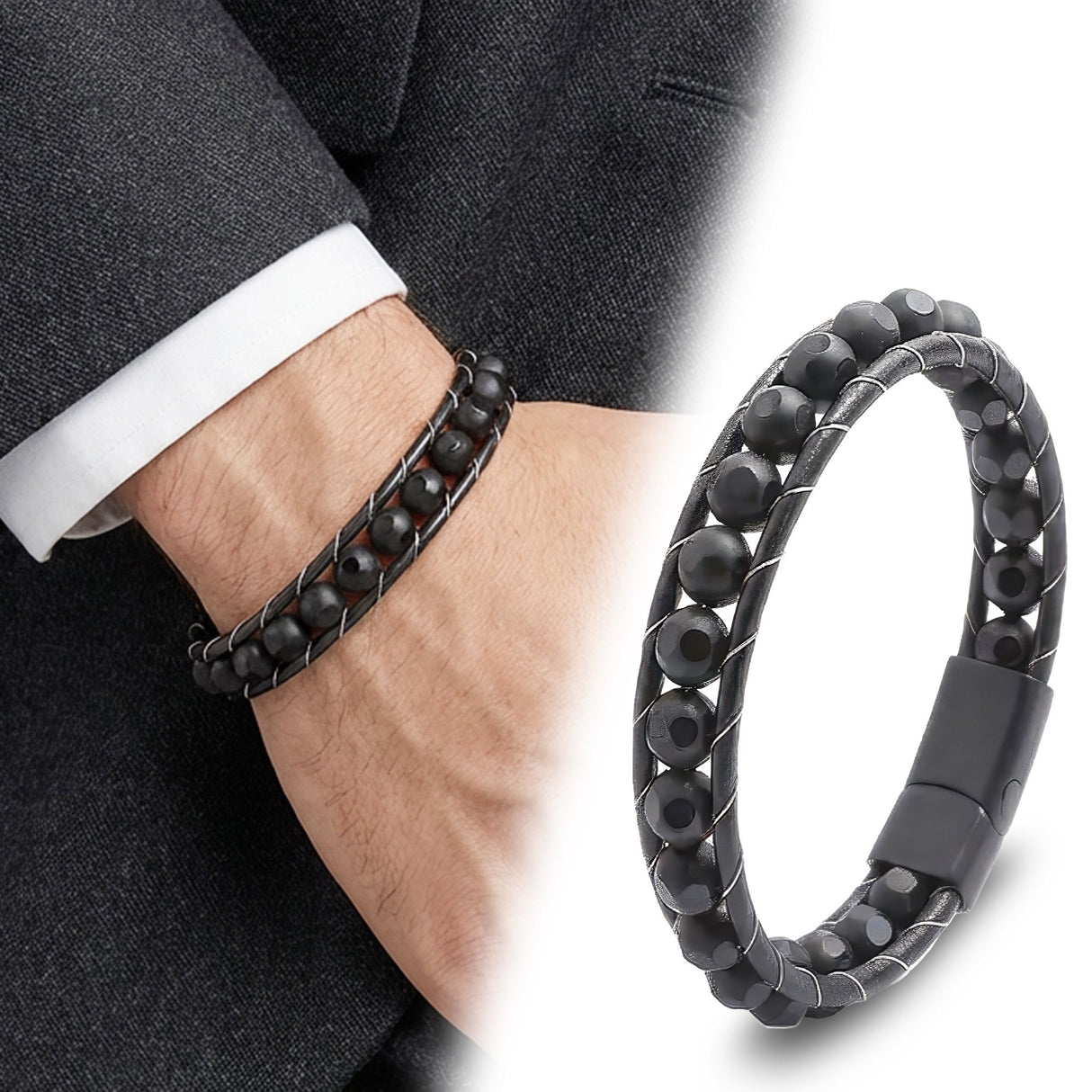 Niki Leather Desenli Oniks Doğaltaşlı Deri Bileklik 38932B2D8M2