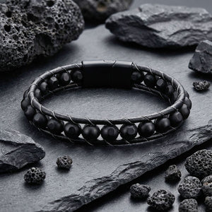 Niki Leather Desenli Oniks Doğaltaşlı Deri Bileklik 38932B2D8M2
