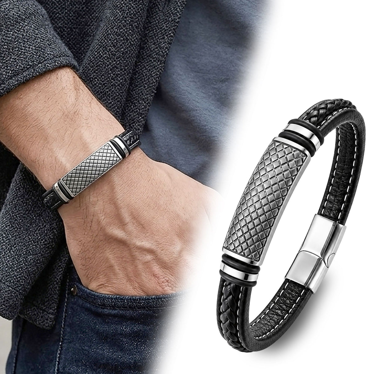 Niki Leather Diamond Grid Desenli Çelik Kilitli Siyah Deri Erkek Bileklik 40131B8D5