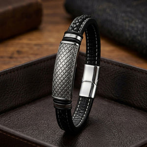 Niki Leather Diamond Grid Desenli Çelik Kilitli Siyah Deri Erkek Bileklik 40131B8D5