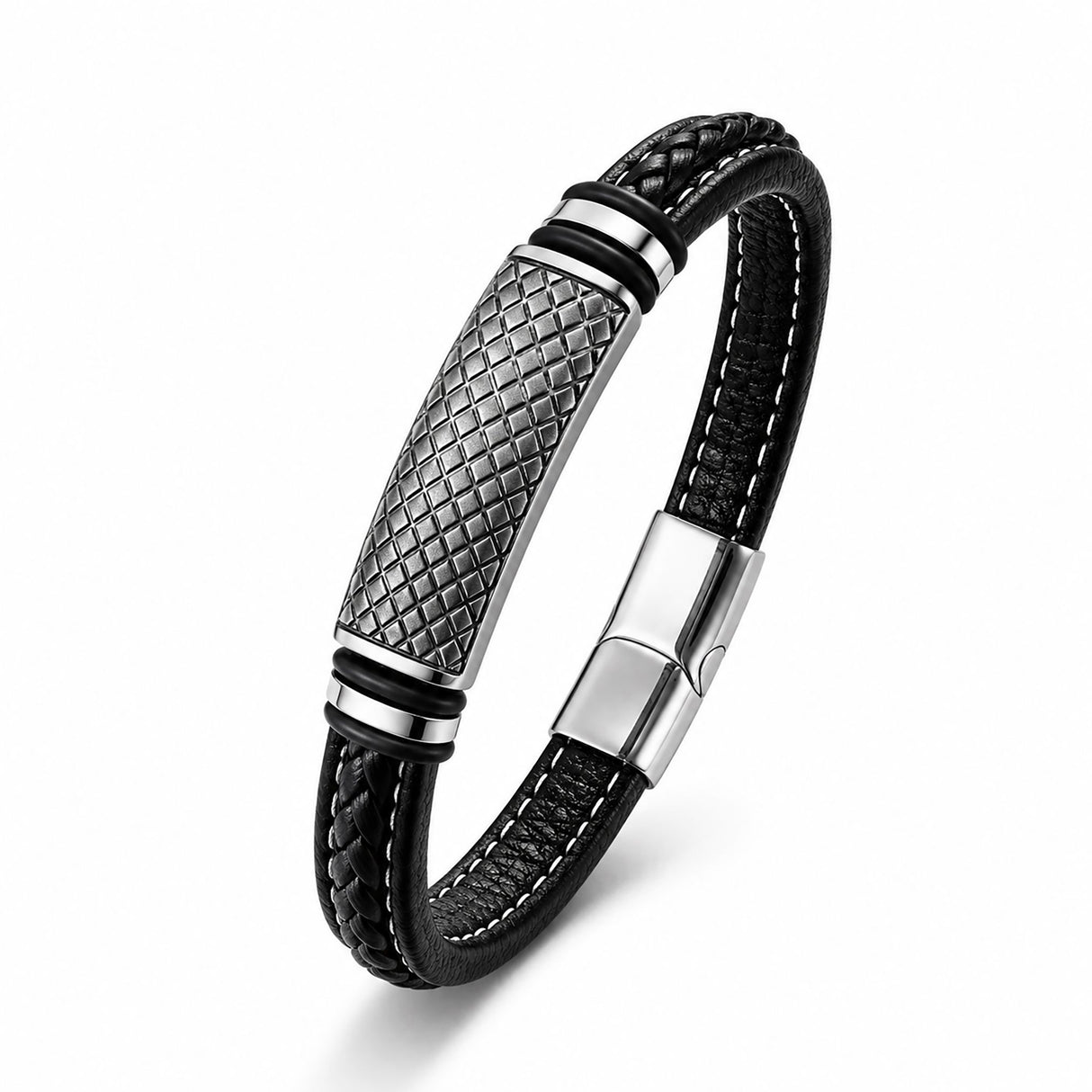 Niki Leather Diamond Grid Desenli Çelik Kilitli Siyah Deri Erkek Bileklik 40131B8D5
