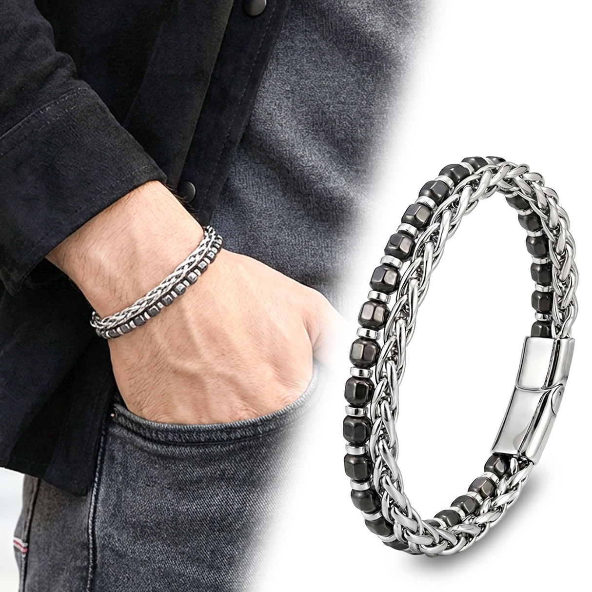 Niki Leather Elmas Kesim Hematit Ve Çelik Zincir Bileklik 38932B21D1