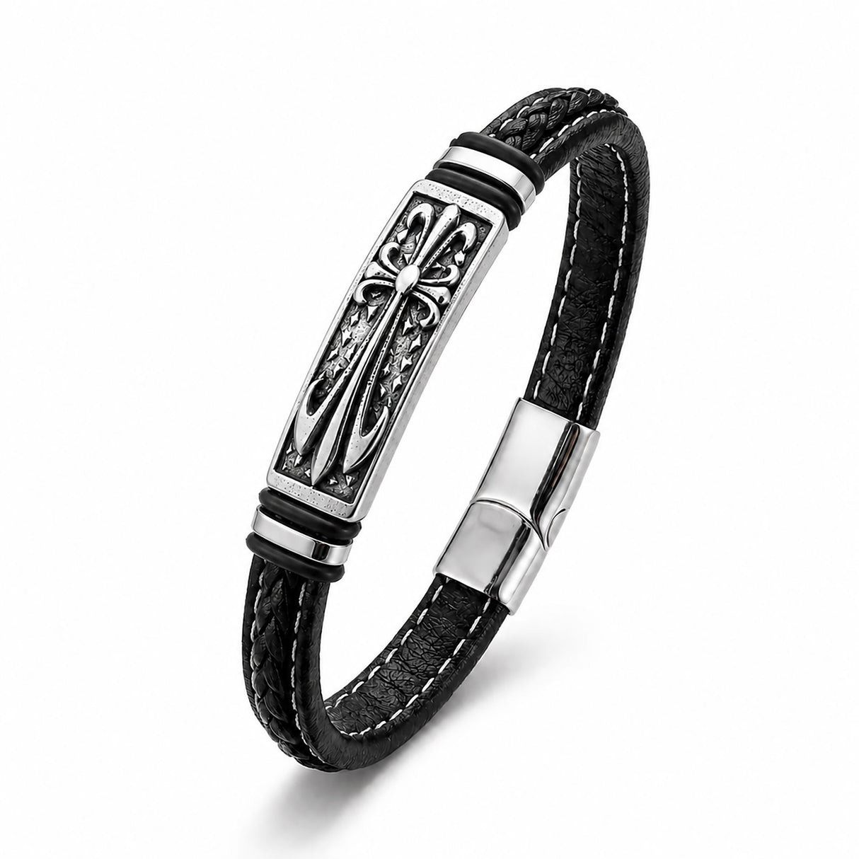 Niki Leather Fleur De Lis Motifli Çelik Kilitli Siyah Deri Erkek Bileklik 40131B8D1