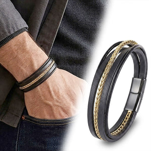 Niki Leather Gold Çelik Zincir Detaylı Çoklu Deri Erkek Çelik Bileklik 40134B18D1