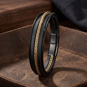Niki Leather Gold Çelik Zincir Detaylı Çoklu Deri Erkek Çelik Bileklik 40134B18D1
