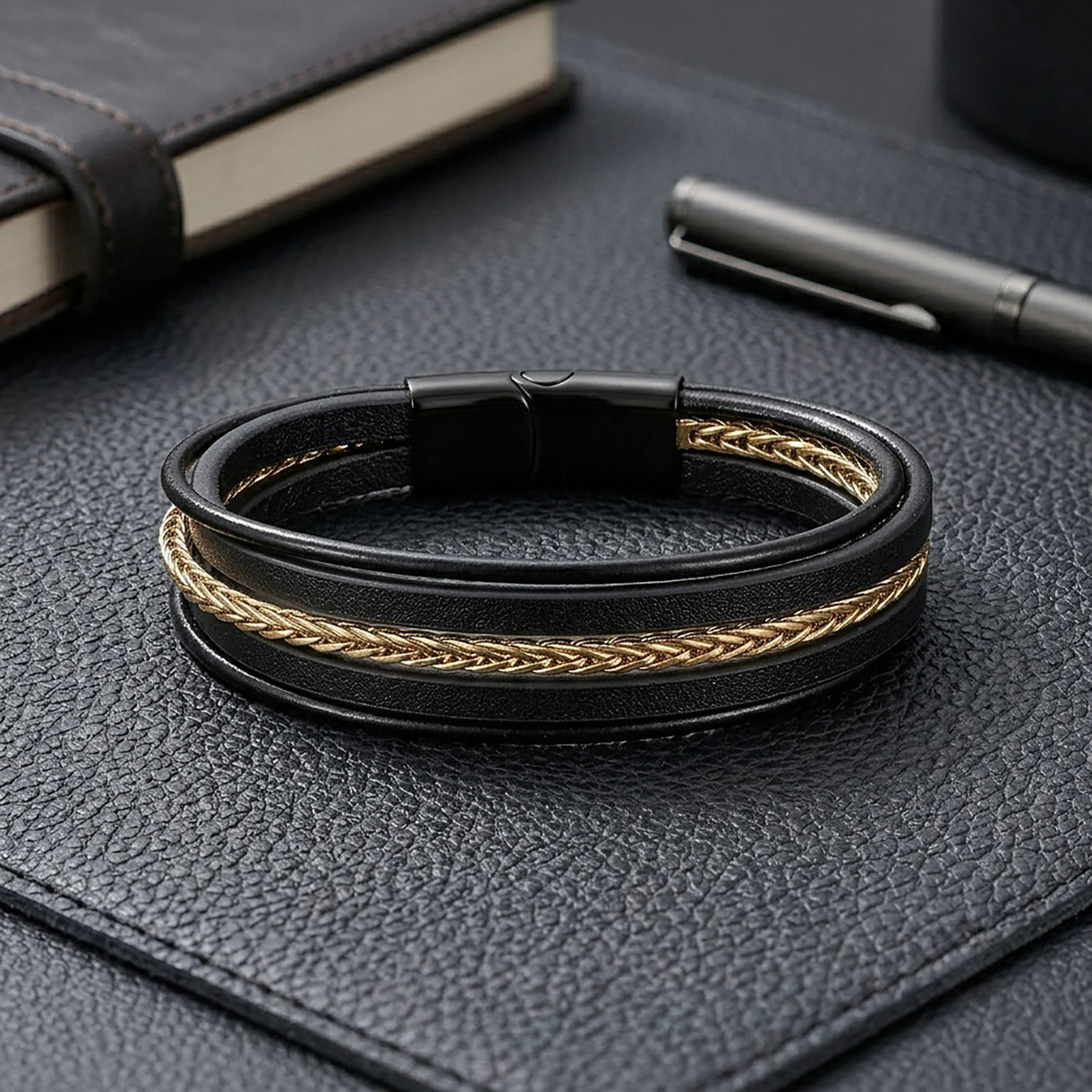 Niki Leather Gold Çelik Zincir Detaylı Çoklu Deri Erkek Çelik Bileklik 40134B18D1